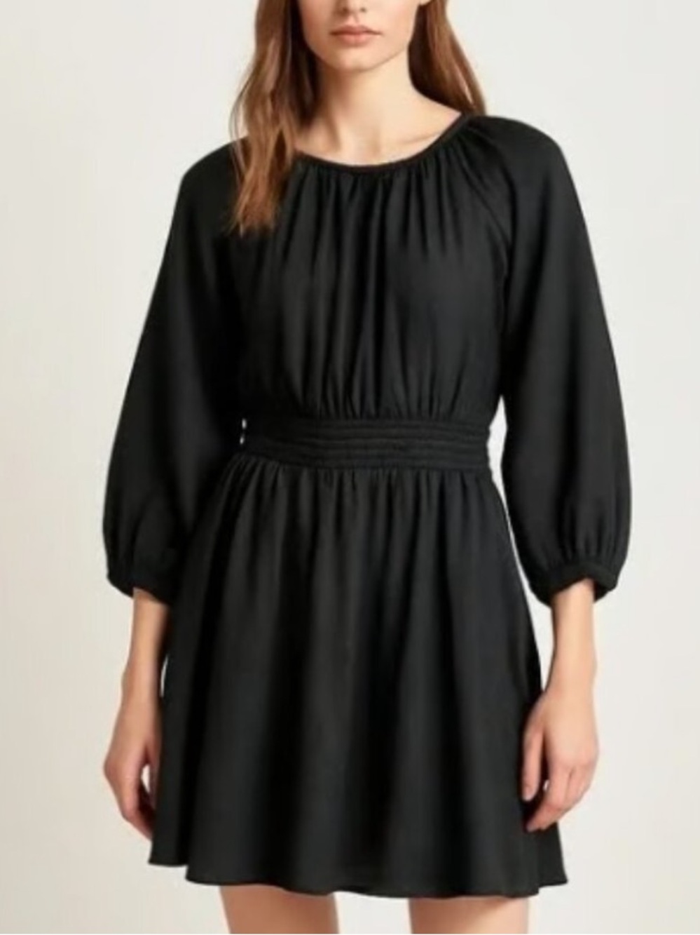 J. Crew Palermo 100% linen Black Long Sleeve Smocked-Waist Dress 40047